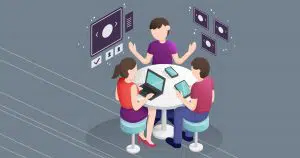 Cartoon image of people sat at table on laptops and tablets