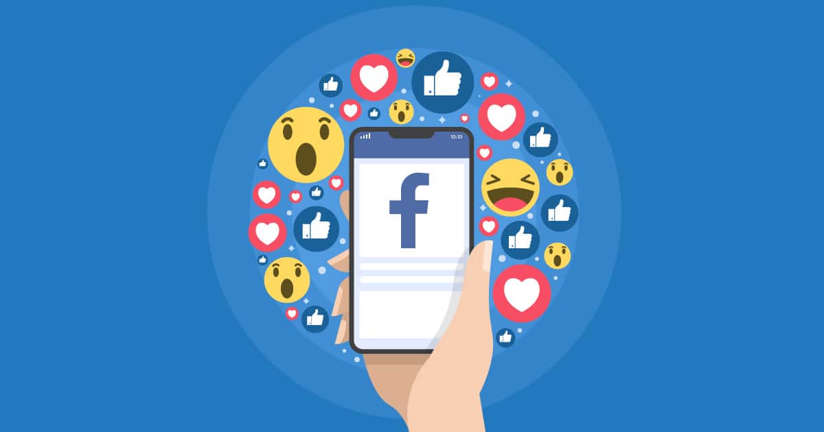 illustration with hand holding phone with Facebook logo and like button