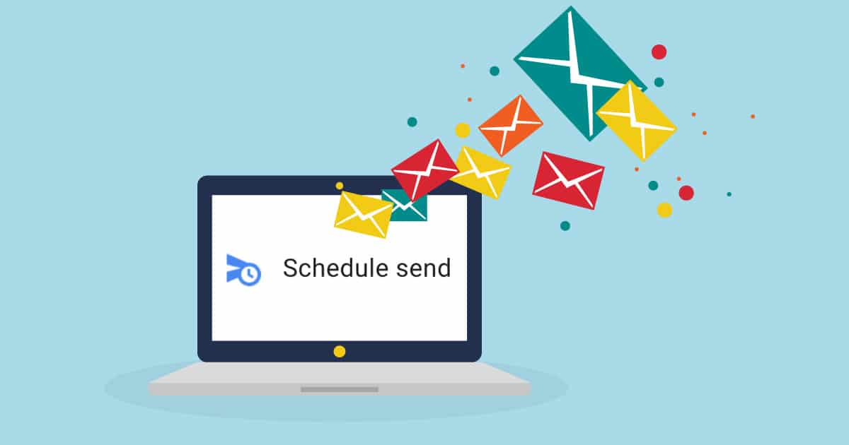 illustration of computer and scheduling email with colourful envelopes