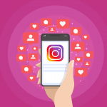 Graphic with hand holding phone with Instagram logo and likes