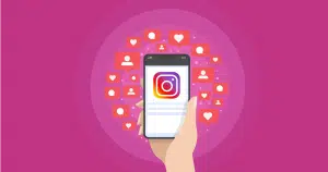 Graphic with hand holding phone with Instagram logo and likes
