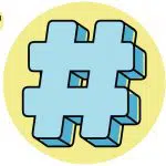 Blue hashtag illustration with yellow circle and smaller hashtags
