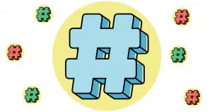 Blue hashtag illustration with yellow circle and smaller hashtags