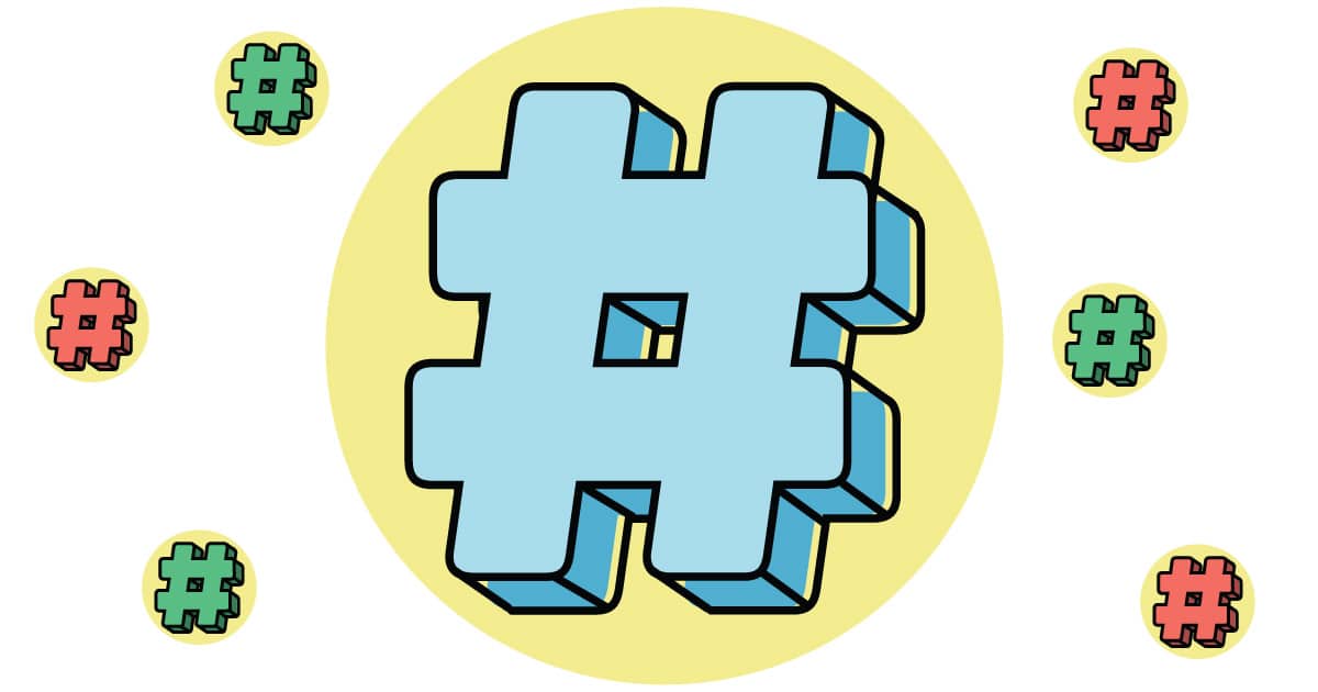 Blue hashtag illustration with yellow circle and smaller hashtags