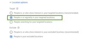 Screenshot of Google Ads location targeting