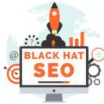 Graphic of computer and rocket with writing Black Hat SEO