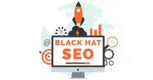 Graphic of computer and rocket with writing Black Hat SEO