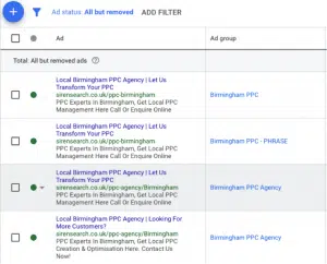 Google Ads keywords screenshot