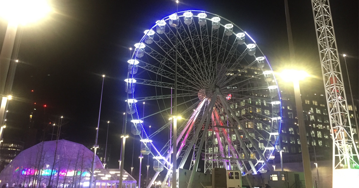 Birmingham Christmas wheel lit up at night