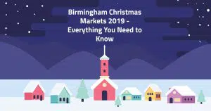 Cartoon image of Christmas huts with dark night sky
