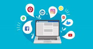 Laptop with social media icons around on blue background