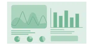 Green graph with bar charts, pie charts and graphs