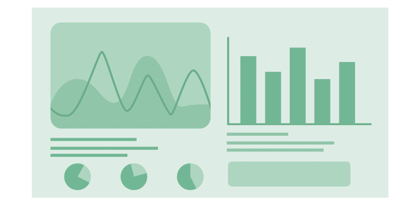 Green graph with bar charts, pie charts and graphs