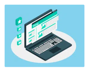 Laptop screen with blog and blue background