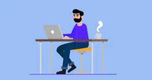 Cartoon man at sat at table with laptop and coffee with blue background