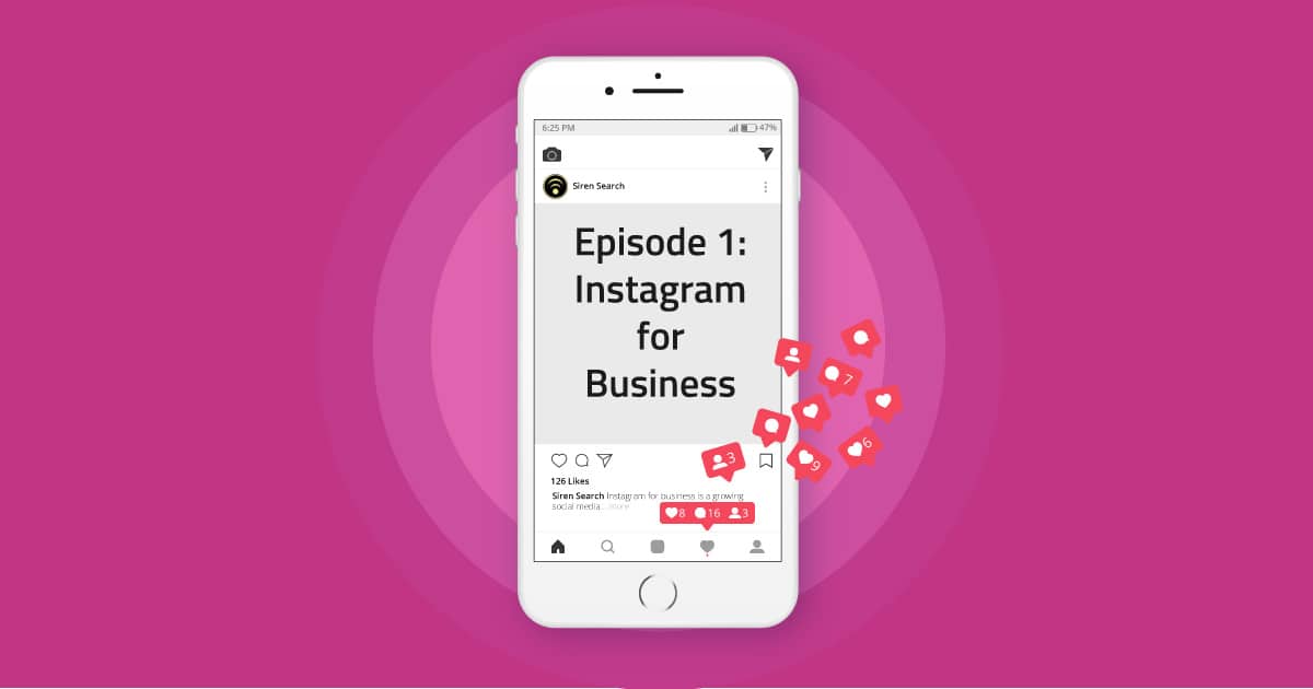 Mobile phone with Instagram for business and like icons, on pink background