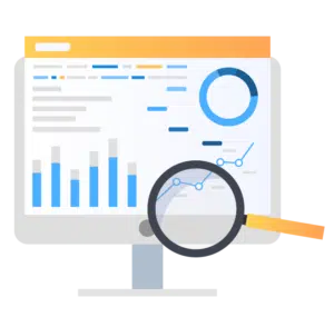 Computer screen with graphs and pie charts, with magnifying glass for Digital Marketing results