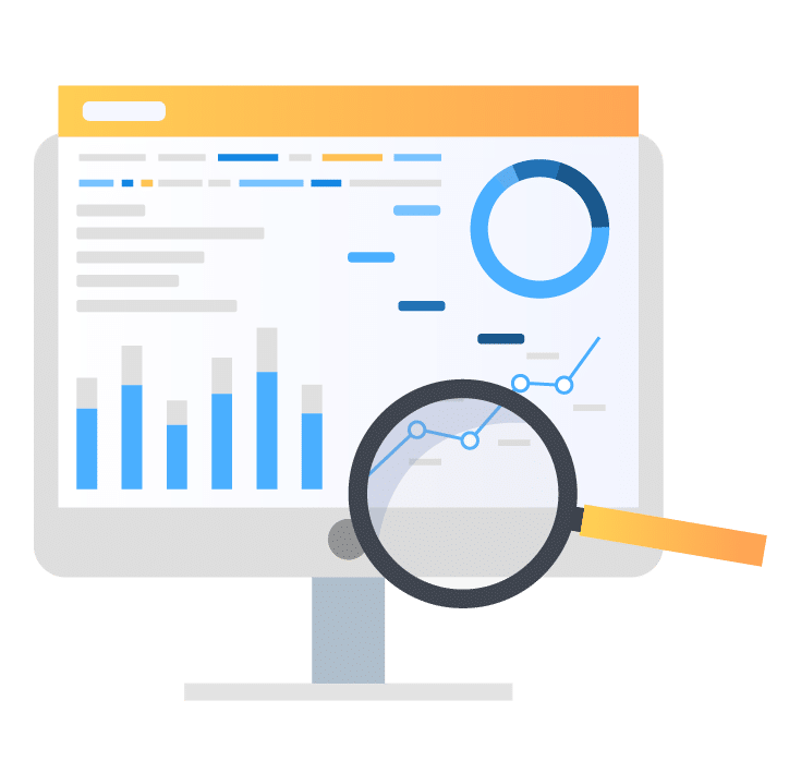 Computer screen with graphs and pie charts, with magnifying glass for Digital Marketing results