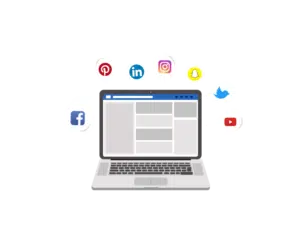 Laptop with Facebook screen and social media icons surrounding