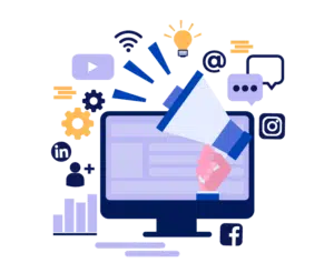 Computer screen with hand and megaphone and digital marketing icons