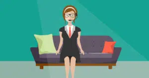 Cartoon lady sat on sofa with call centre headset on
