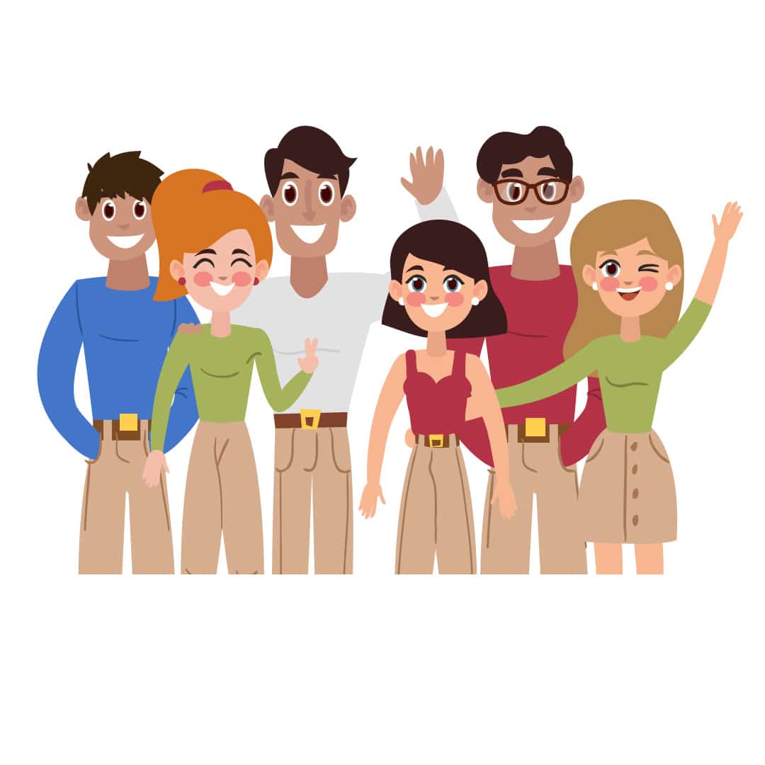 Cartoon team members of six people smiling and waving