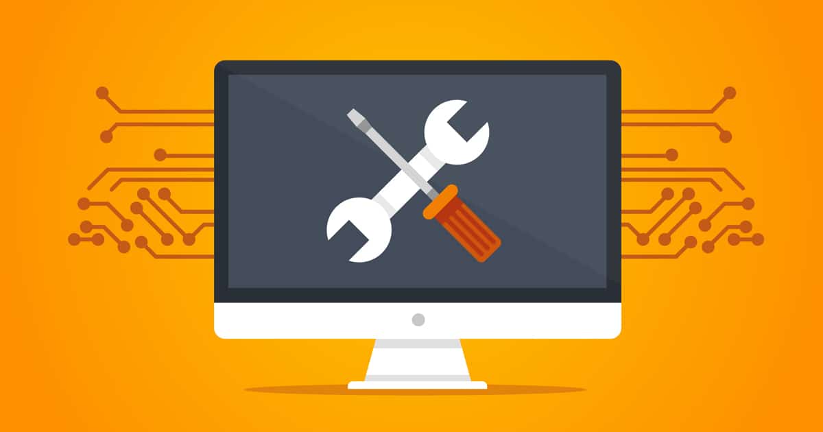 Yellow background with computer screen and maintenance tools icons