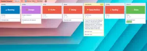 Trello board with various columns and coloured cards