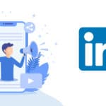 LinkedIn logo with cartoon iphone and man with megaphone and social icons in blue