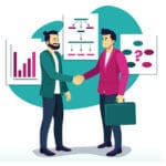 Cartoon two men shaking hands with graphs in background