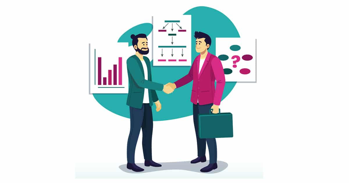 Cartoon two men shaking hands with graphs in background