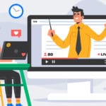 Cartoon woman on laptop at desk, with screen of man teaching and training