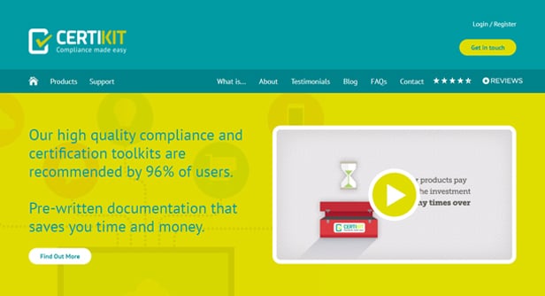 Screenshot of Certikit website, with yellow and green backgrounds and video