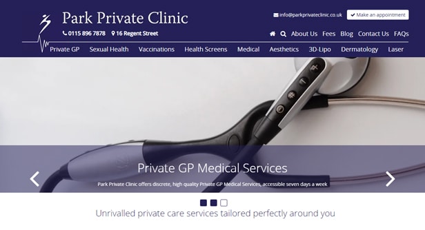Park Private Clinic website with purple header banner and white logo, with stethoscope photo