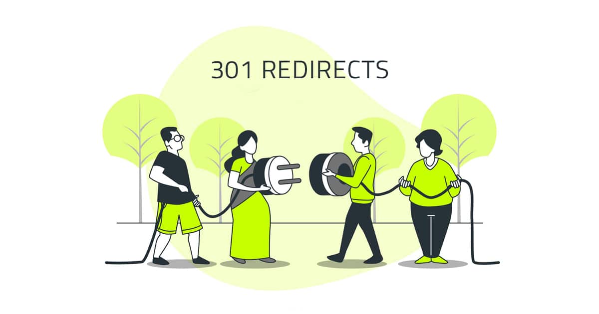 Vector of 4 people with large plug and 301 redirects text