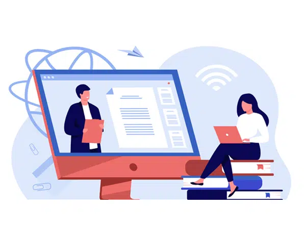 Illustration woman and man doing training on laptops digitally remotely through computer