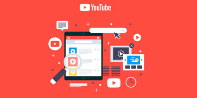 Red background with vector image of YouTube and tablet with video on
