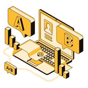 Illustrated yellow website with A/B testing and graphs