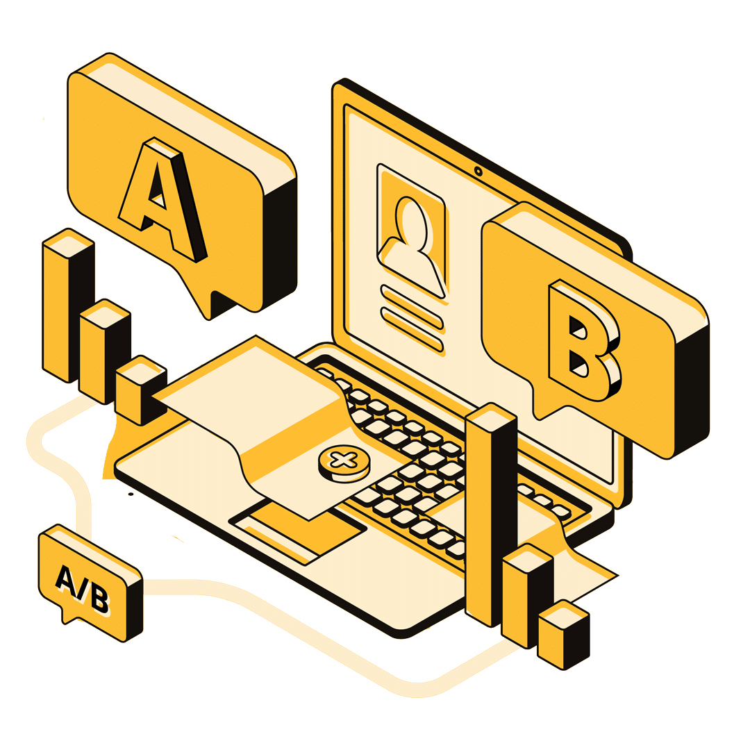 Illustrated yellow website with A/B testing and graphs