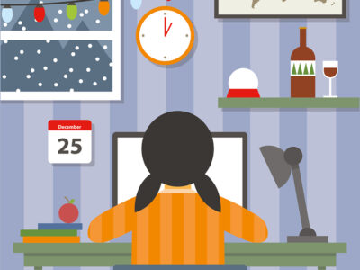 Illustration woman working from home at Christmas time with calendar and decorations