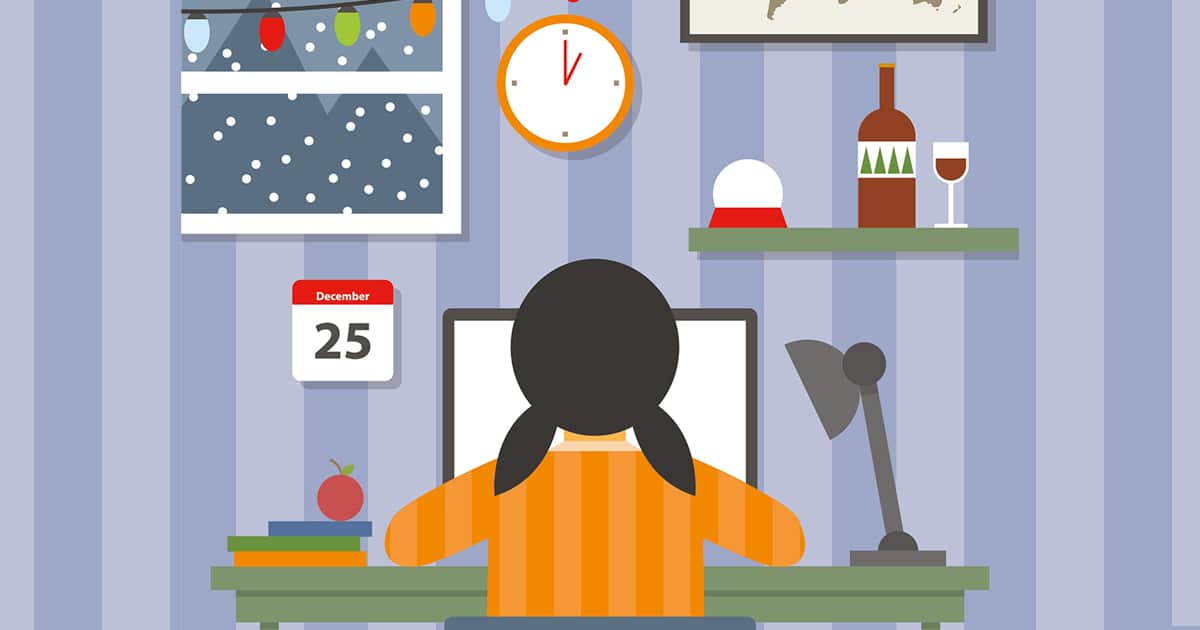 Illustration woman working from home at Christmas time with calendar and decorations