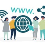 Illustration of team holding website