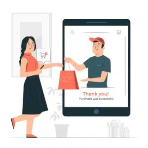 Illustration woman shopping through phone and man handing her purchase