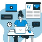Illustration in blue, black and white of a lady sat at a desk on laptop creating content such as blogs, videos and imagery