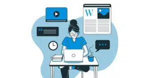 Illustration in blue, black and white of a lady sat at a desk on laptop creating content such as blogs, videos and imagery