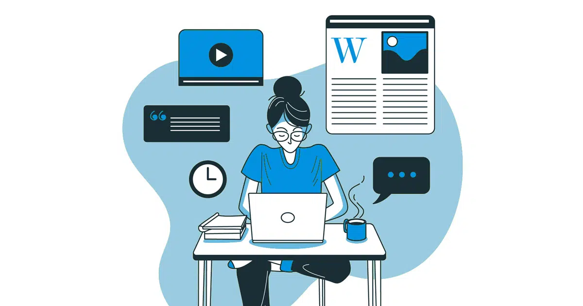 Illustration in blue, black and white of a lady sat at a desk on laptop creating content such as blogs, videos and imagery