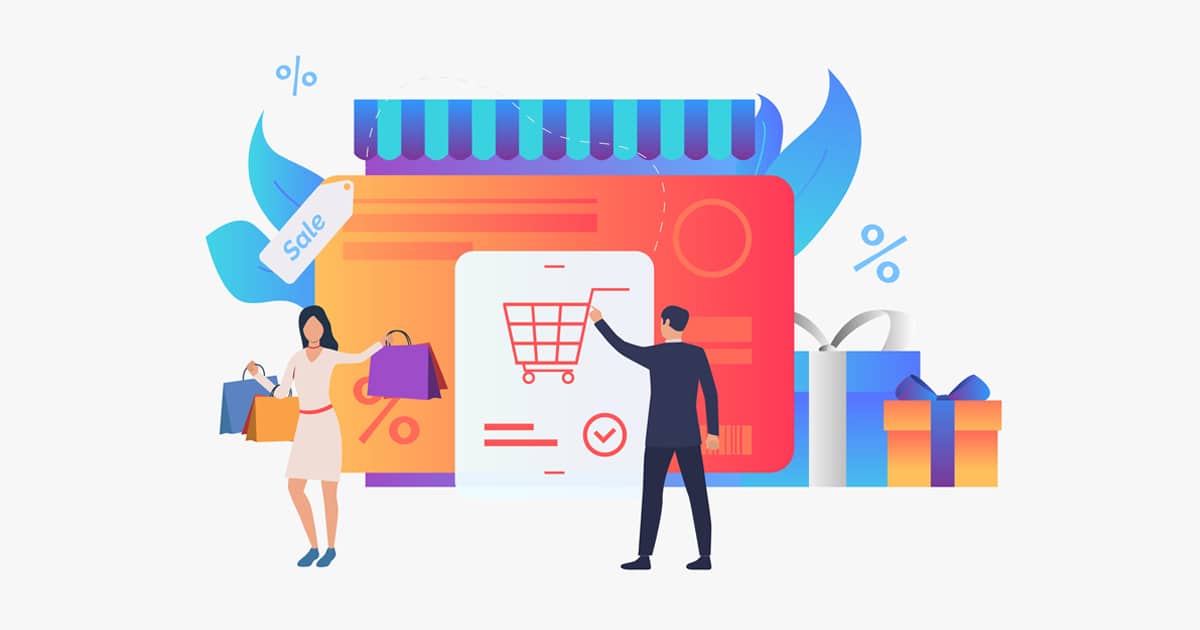 Illustration of website ecommerce shop and people shopping using the cart