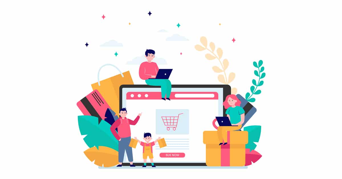 Illustration of people sat near computer screen of ecommerce website, shopping and buying presents