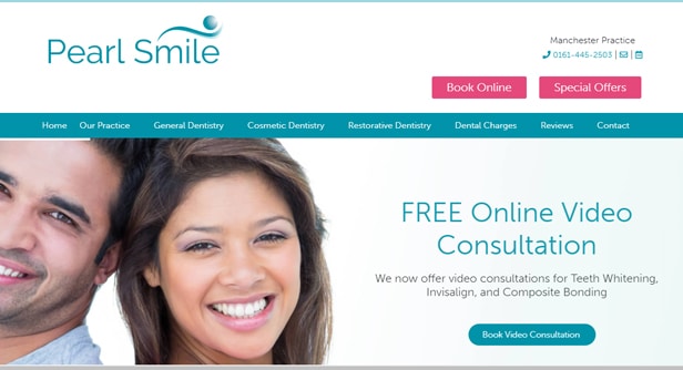 Pearl Smile Dentist website screenshot with woman smiling