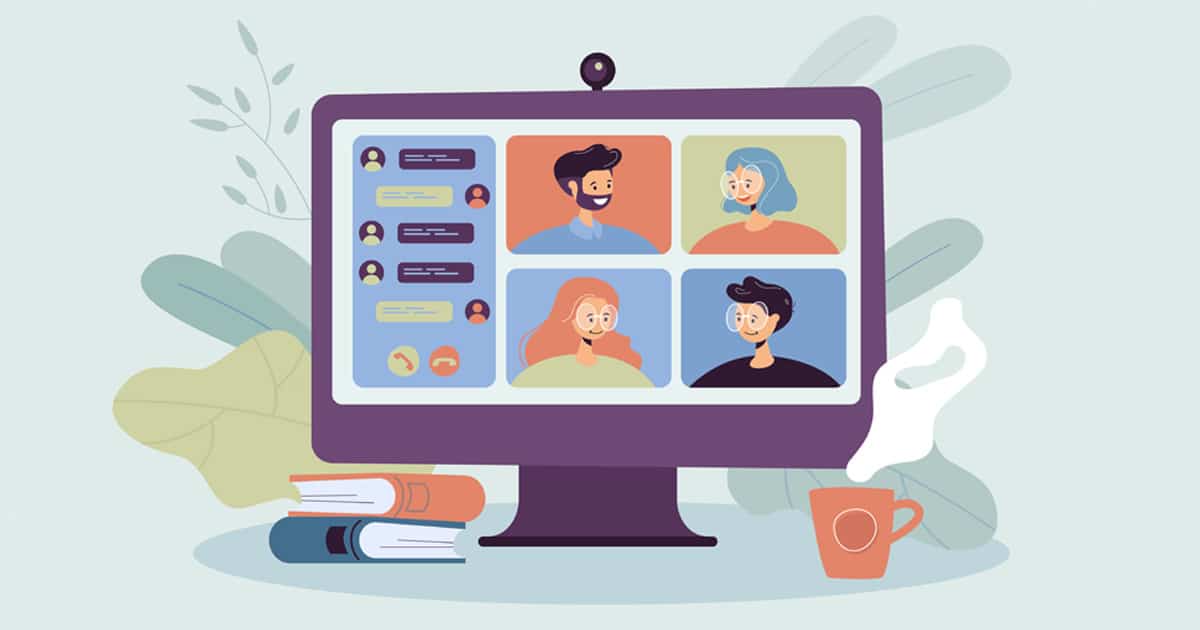 Illustration of computer screen with team having remote event and speaking on webcams
